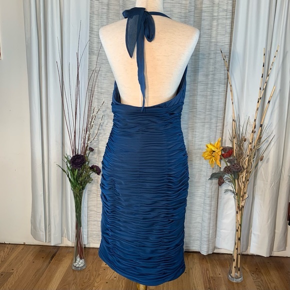 Adrianna Papell solid blue gathered halter styled evening party dress. - Picture 10 of 16